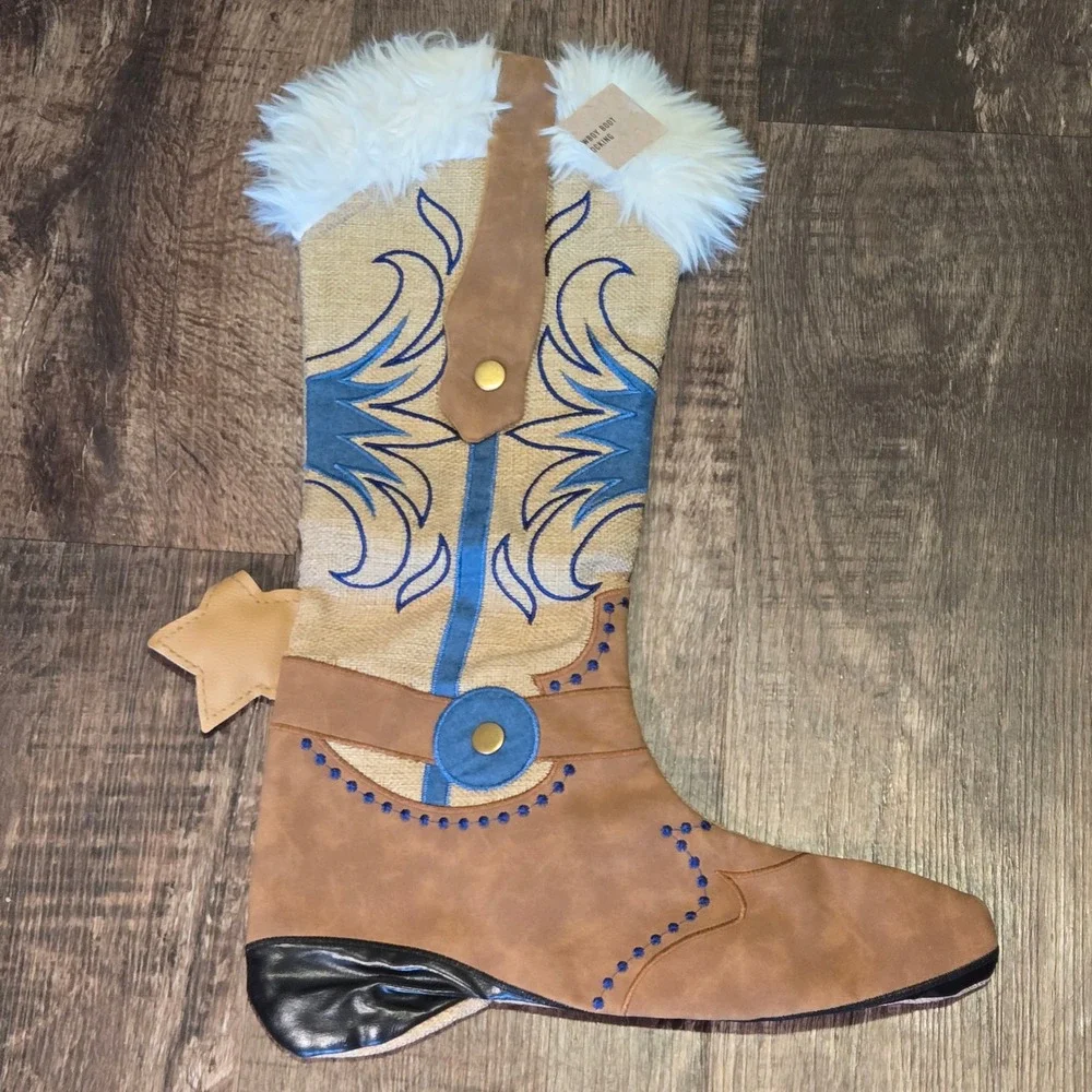 Western Cowboy Boot Christmas Stocking Burlap Faux Fur Trim Blue Embroidery NWT